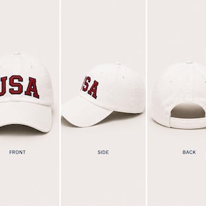 The image is a collage of three photos showing different views of a white baseball cap with the word "USA" printed on it.
