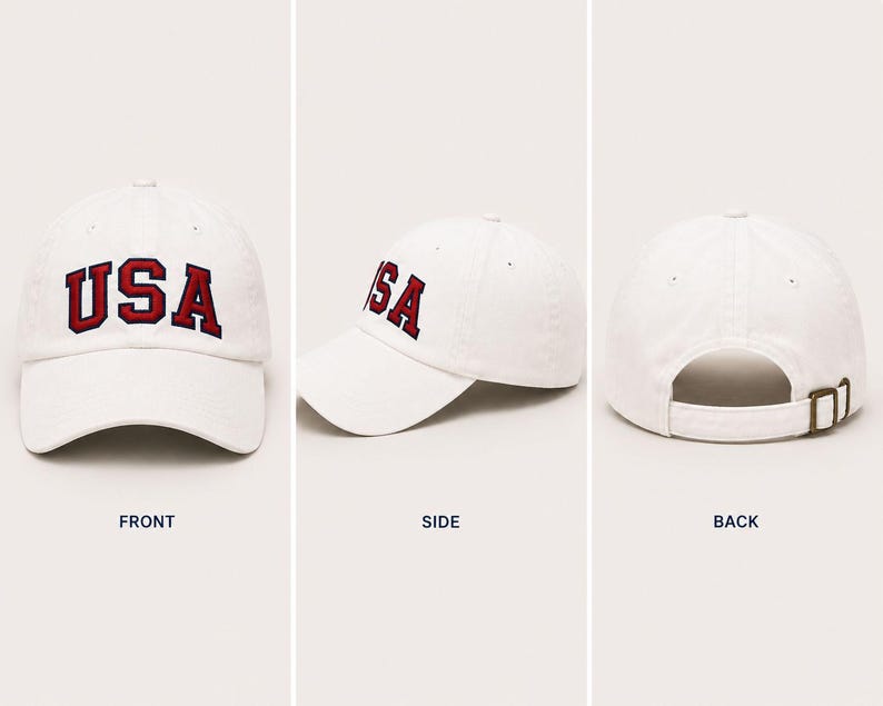 The image is a collage of three photos showing different views of a white baseball cap with the word "USA" printed on it.