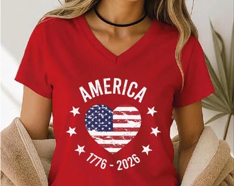 Camiseta con cuello en V del 250 aniversario de Estados Unidos, camiseta patriótica con la bandera estadounidense, semiquincentenario 1776-2026, S1045
