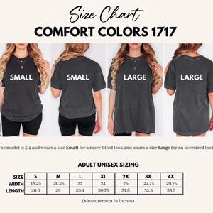 The image is a size chart for a collection of t-shirts, showing different sizes for small, medium, and large.