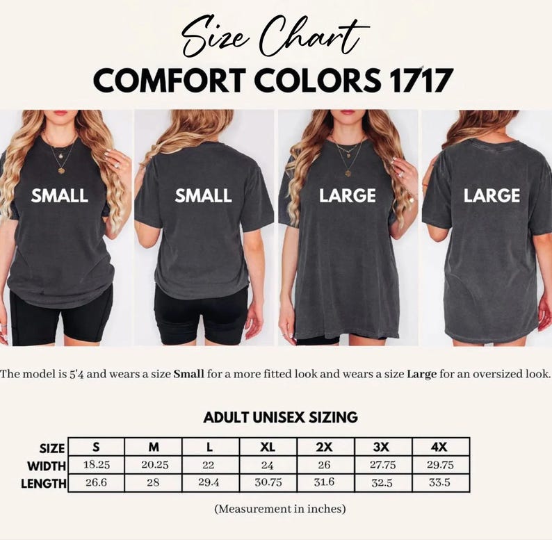 The image is a size chart for a collection of t-shirts, showing different sizes for small, medium, and large.
