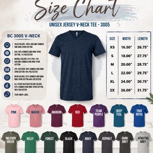 The image is a size chart for a unisex v-neck t-shirt, featuring a variety of different sizes and colors.