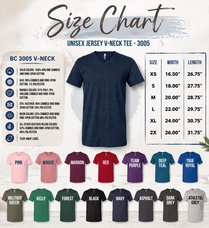 The image is a size chart for a unisex v-neck t-shirt, featuring a variety of different sizes and colors.