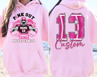 Custom Football Breast Cancer Hood'e: Custom Name & Number Sweatshirt, Game Day Football Pink Out Sweater, Breast Cancer Awarenes, S415