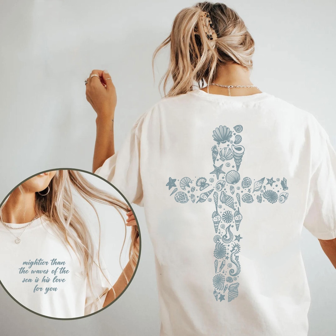 Beachy Christian Shirt: Ocean Tee with Seashells and Cross, Gift for Catholic, S646