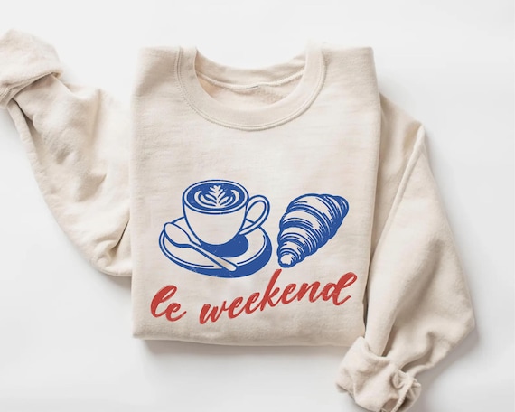 Le Weekend Sweatshirt: Vintage Aesthetic Coffee & Croissant French Hoodie, S623