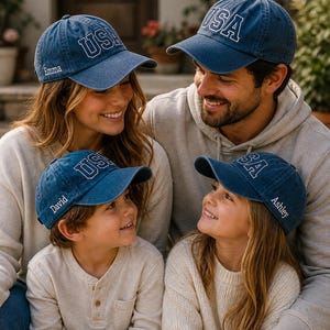 A family of four, consisting of a mother, father, and two children, are sitting together and smiling. They are all wearing matching blue hats with the word "USA" printed on them.