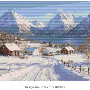 May include: Cross-stitch landscape showing a winter scene with snow. The image features snow-covered mountains, a lake, and buildings with snow-covered roofs. A road leads through the snowy landscape. Design size: 200 x 133 stitches.