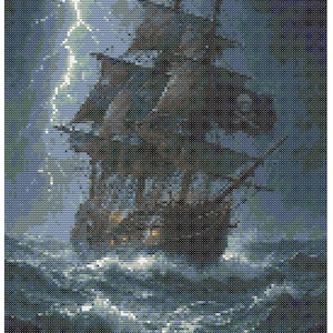 May include: Cross-stitch design depicting a tall ship at sea during a storm. The ship is silhouetted against a lightning flash. Design size: 133 x 200 stitches.