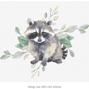 Raccoon with Leaves Cross Stitch Pattern