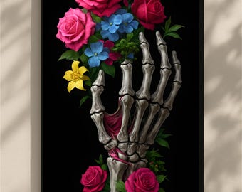 Skeleton Hand & Flowers – Anatomy Meets Nature | Skeleton Hand Floral Art Print PNG | Digital Art Poster