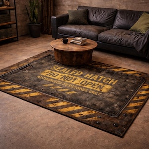 May include: A rectangular rug with a distressed metal hatch design. The rug features the text "SEALED HATCH DO NOT OPEN AUTHORIZED PERSONNEL ONLY" in yellow against a dark background with yellow diagonal stripes.