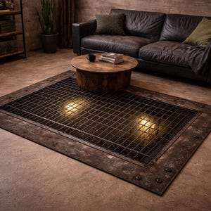 Puede incluir: Una alfombra rectangular de metal y malla de alambre con un acabado envejecido. La alfombra está colocada sobre un suelo de hormigón, con una mesa de centro redonda de madera y un sofá de cuero negro en el fondo. La alfombra mide aproximadamente 183 cm por 122 cm.