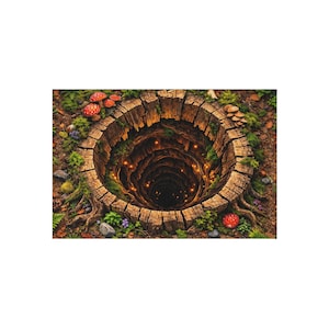 Puede incluir: Impresión artística digital de un tocón de árbol con un agujero profundo y oscuro en el centro. El agujero está rodeado de musgo, setas y pequeñas plantas. El interior del agujero tiene luces brillantes.