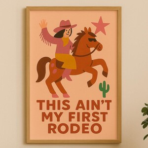 Retro Cowgirl Rodeo Wand Kunst Druck – Vintage Western Pferd & Kaktus Poster A3 (29,7 x 42 cm) | Spaß-Folk-Stil Cowgirl-Dekor