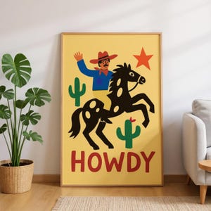 Stampa artistica da parete alla moda, stile vintage folk, con scritta "Howdy Cowboy Rodeo Kitsch Western" - Poster da rodeo in stile folk vintage