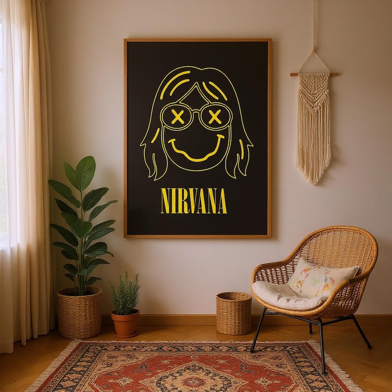 Nirvana Smiley Face Poster – Kurt Cobain Grunge Line Art Print | 90s ...