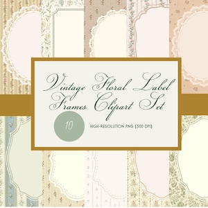 May include: A collection of ten vintage floral label frames in various shapes and patterns. The frames feature floral designs and lace details, with a neutral color palette. Text on the image reads "Vintage Floral Label Frames Clipart Set".