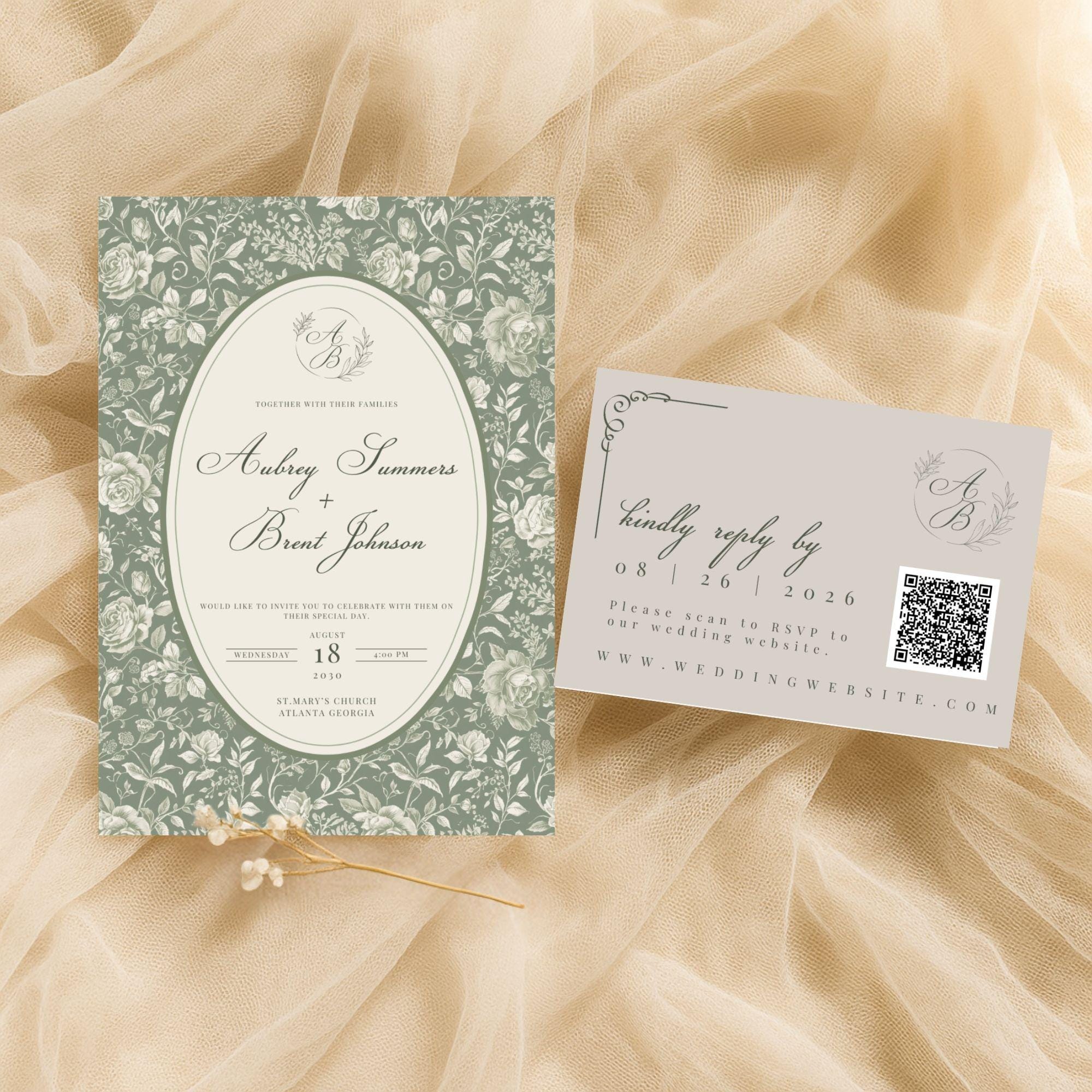 Greenery Canva Wedding Invitation Template With QR Code RSVP, Vintage ...