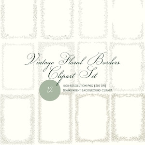 May include: A collection of twelve vintage floral border clipart designs. Each border features delicate, detailed floral patterns in a soft green hue, arranged around a rectangular frame. The text "Vintage Floral Borders Clipart Set" is displayed.