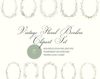 Sage Green Botanical Oval Wreath Clipart | French Roses Floral Frame PNG Set | Greenery Line Art Borders for Wedding Invitations