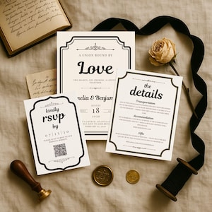 Vintage Canva Wedding Invitation Suite with Details insert & RSVP QR Code, Elegant Frame, Printable Digital Template, Old Money DIY Wedding