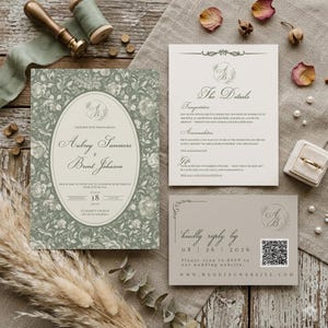 Plantilla de invitación de boda de Canva con vegetación y código QR para confirmar asistencia, conjunto de invitaciones de boda con flores vintage y salvia, invitación de boda editable con dinero antiguo.
