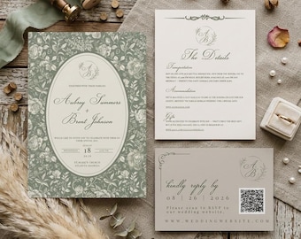 Greenery Canva Wedding Invitation Template with QR Code RSVP,  Vintage Floral Sage Wedding Invite Suite, Old Money Editable Wedding Invite