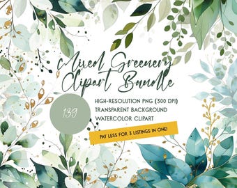 Watercolor Greenery Mega Clipart Bundle — 139 PNGs | Eucalyptus Wreaths, Sprays, Corners and Botanical Arrangements | Gold Accents