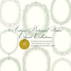 May include: A collection of antique botanical frame clipart designs. The frames are oval and shield-shaped, with intricate floral and leaf patterns in shades of green. The text reads "Antique Botanical Frame Clipart Collections".