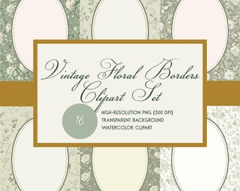 Sage Green Botanical Oval Frame Clipart Set, Vintage Floral Border PNG, Antique Flowers Patterns, Cottagecore Floral Illustration Bundle