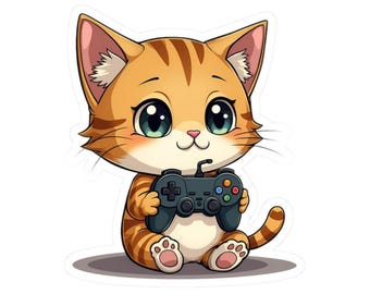 Gamer Cat Sticker - Cute Kiss Cut Vinyl Sticker of Cat with Game Controller for Laptops, Water Bottles, Journals
