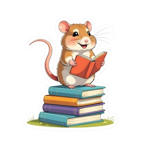 May include: A sticker featuring a cartoon mouse with brown and white fur, reading a book. The mouse is perched atop a stack of colorful books. The books are blue, orange, and purple. The mouse has a pink tail and ears.