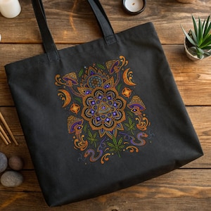 Psychedelic Mandala Tote Bag – Eco-Friendly Cotton Shopper – Boho Festival Bag, Spiritual Hippie Art Print