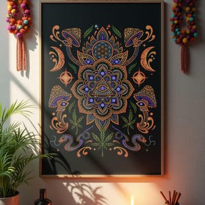Psychedelic Mushroom Mandala Poster — Sacred Geometry Wall Art, Spiritual Trippy Decor, Matte Print - Meditation or Living Room