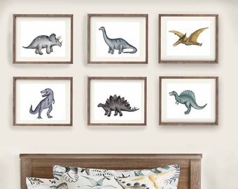 Dinosaur Art Prints, Boys Nursery Wall Decor, Set of 6 pictures