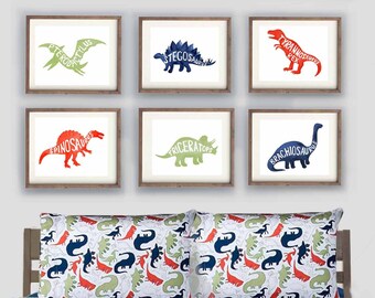 Dinosaur wall decor, boy nursery bedroom, blue orange dinosaur art prints