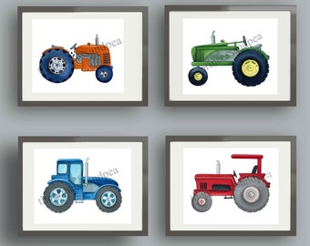 Watercolor Tractor Art Prints: Boy Nursery Wall Decor