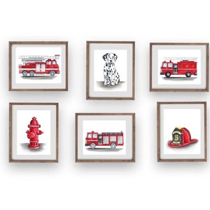 fire truck art prints for boy bedroom or nursery, personalized name on helmet, fire engine wall decor