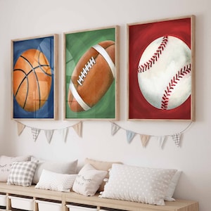 sports wall art decor for boy nursery bedroom, sports art prints from watercolor art