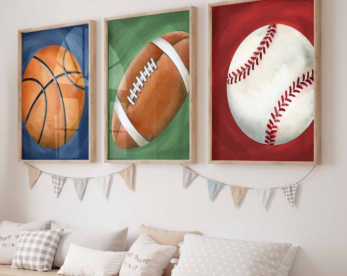 Sports Art Prints for Boy Nursery Bedroom Decor, baseball football soccer basketball golf paintings