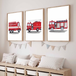 Fire Trucks Nursery Art Prints for Boys Room, Wall Art Décor for Little Firefighters