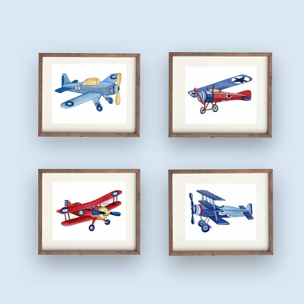 airplane wall art décor for boy's nursery bedroom, vintage airplane art prints, watercolor painting