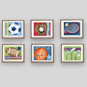 sports décor for boy room, sports nursery art prints, baseball football soccer basketball art