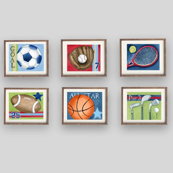 sports décor for boy room, sports nursery art prints, baseball football soccer basketball art