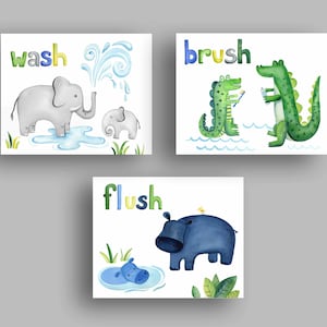 Jungle Animal Bathroom Art Prints: Wash Brush Flush Set