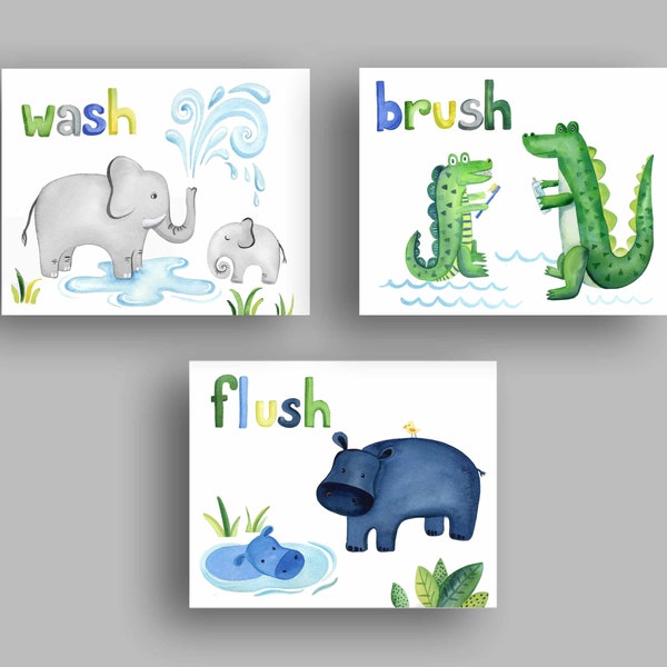 jungle animal wall art décor, kids bathroom art, wash brush flush bath rules print
