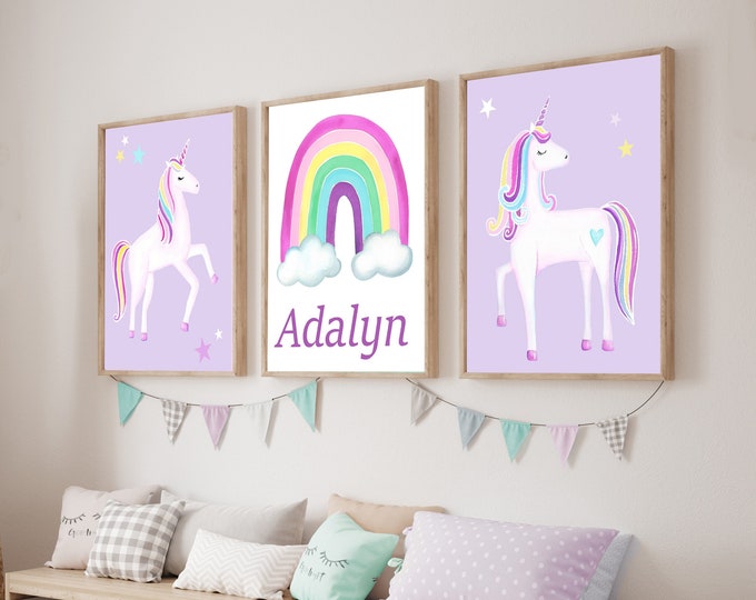 Set of 3 Unicorn Art Prints, Unicorn and Rainbow wall décor, girl nursery or bedroom