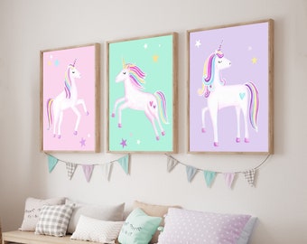 unicorn wall art décor, unicorn art prints for baby girl nursery or bedroom