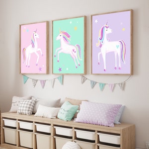 unicorn wall art décor, unicorn art prints for baby girl nursery or bedroom